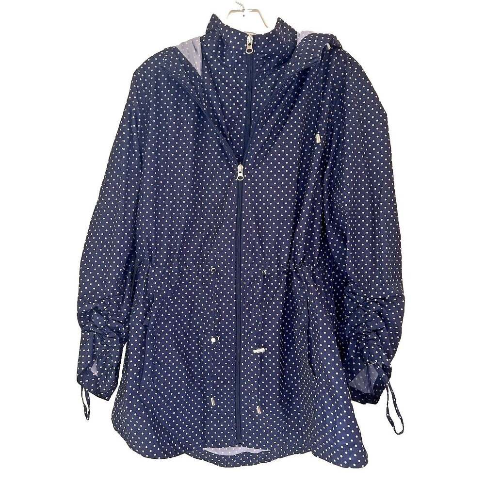 Jones New York Women L Jacket Blue White Polka Dot Packable Lightweight Hooded